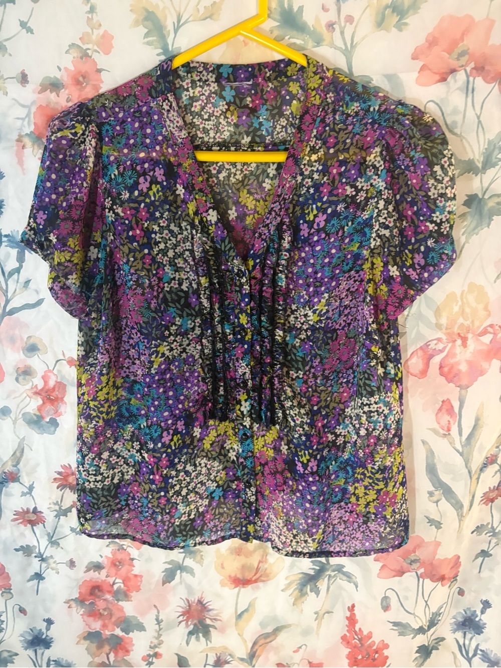 Floral V-Neck Short Sleeve Blouse - Purple Multi